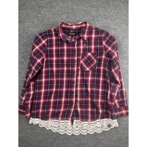 Shyanne Shirt Womens Large Red Plaid Lace Hem Long Sleeve Western Button Up Top